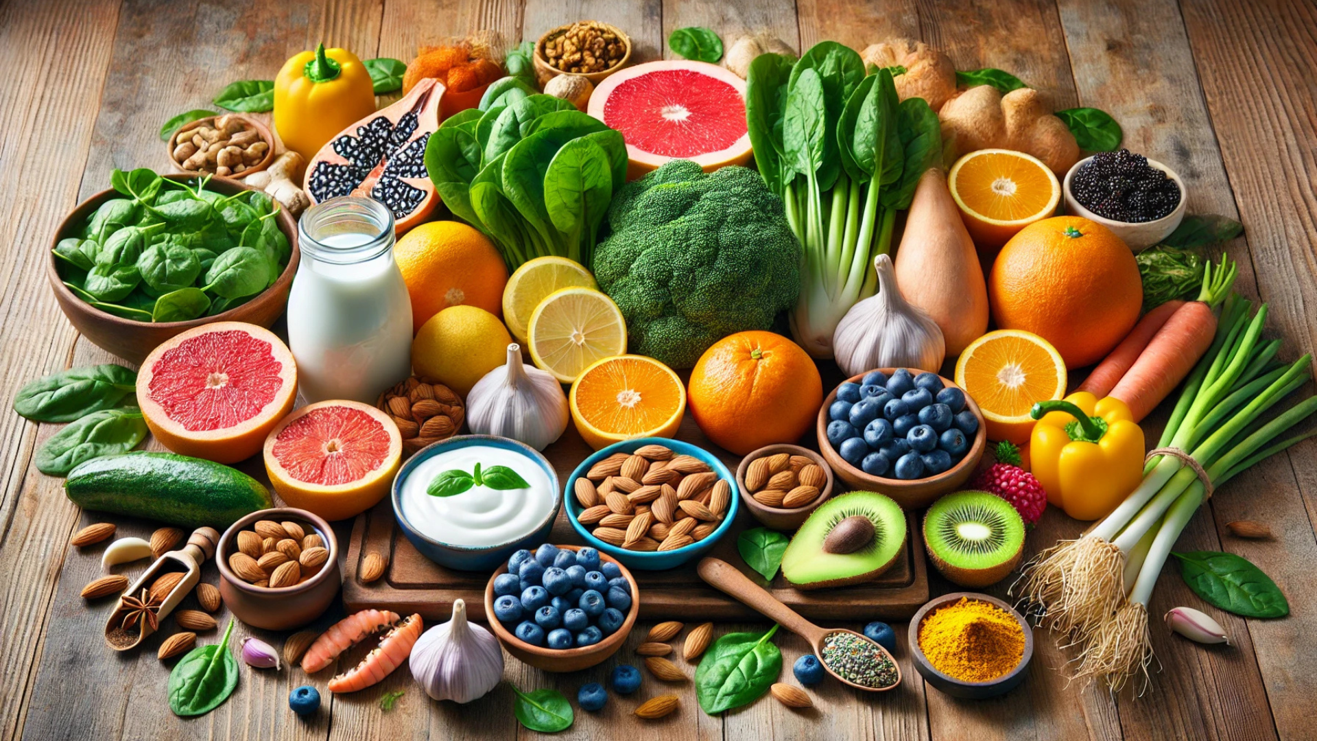 A vibrant display of 10 superfoods that boost the immune system, including citrus fruits, garlic, ginger, spinach, almonds, yogurt, green tea, turmeric, blueberries, and shellfish.