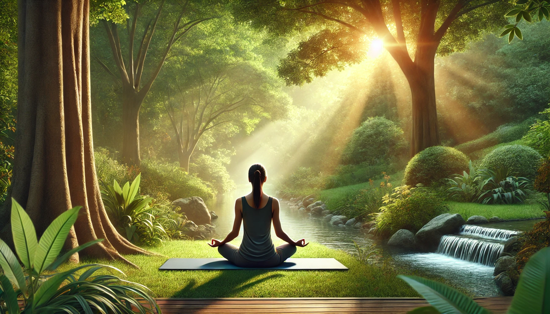 A person practicing deep breathing exercises in a serene outdoor setting, surrounded by lush green trees and a gentle stream.