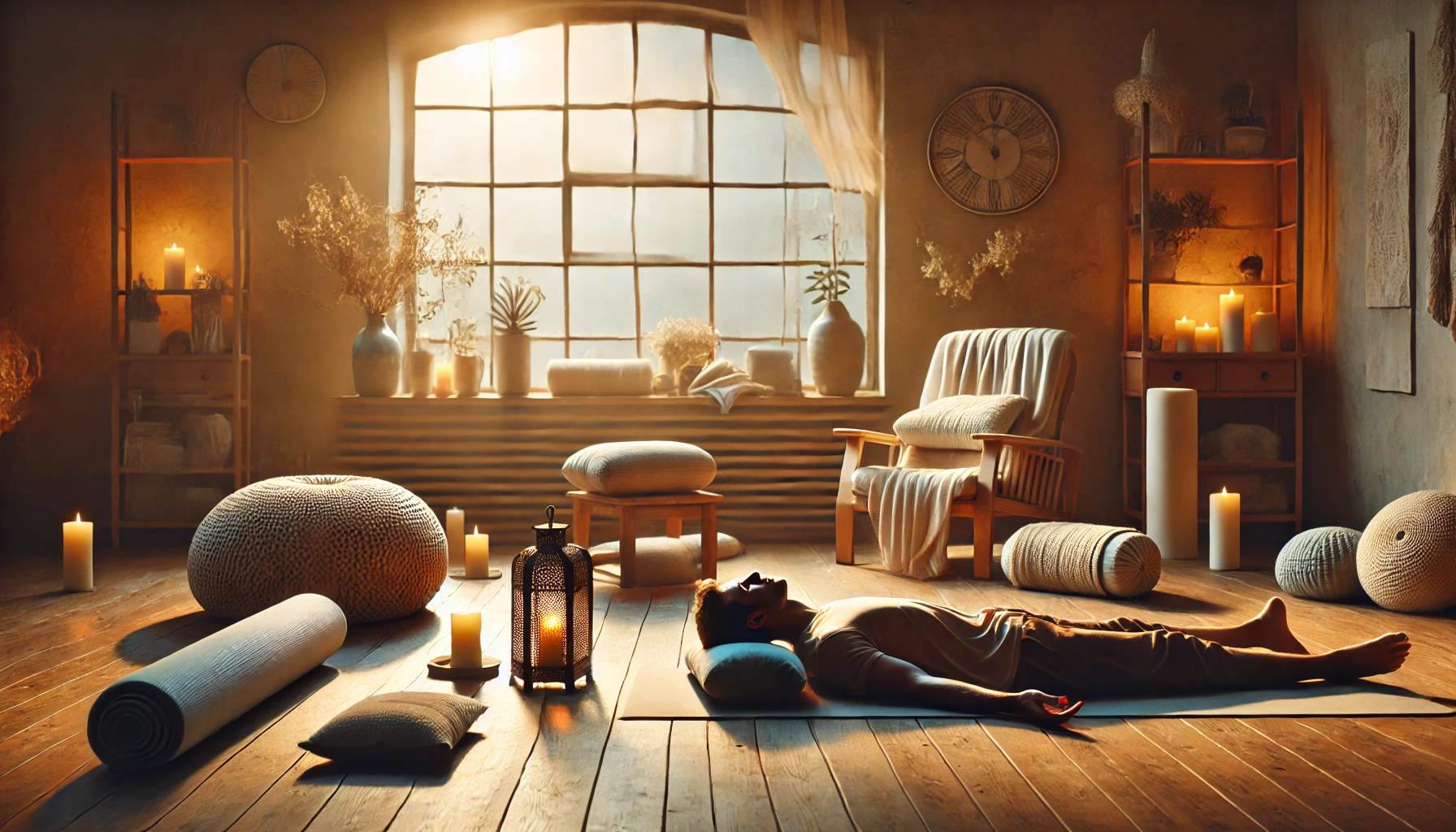 A peaceful yoga studio with soft lighting, wooden floors, and a person practicing restorative yoga using props like bolsters and blankets.