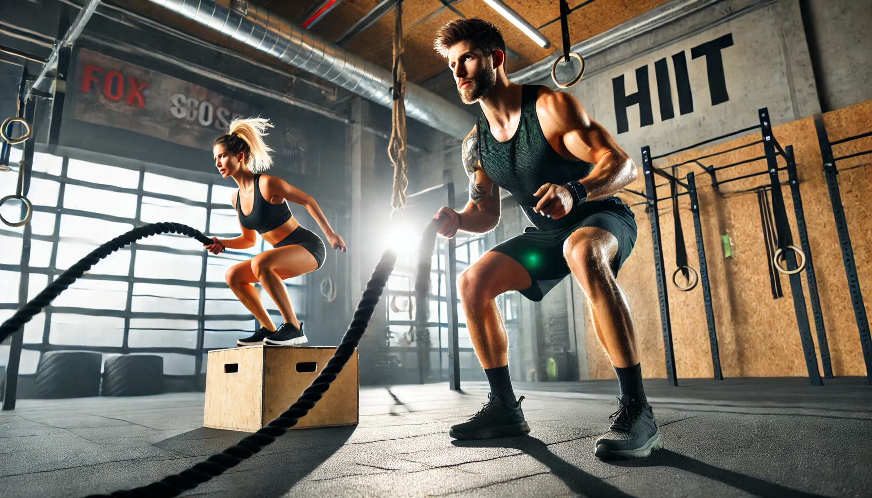 A fit man performing box jumps and a woman using battle ropes in a modern gym, demonstrating high-intensity interval training (HIIT)