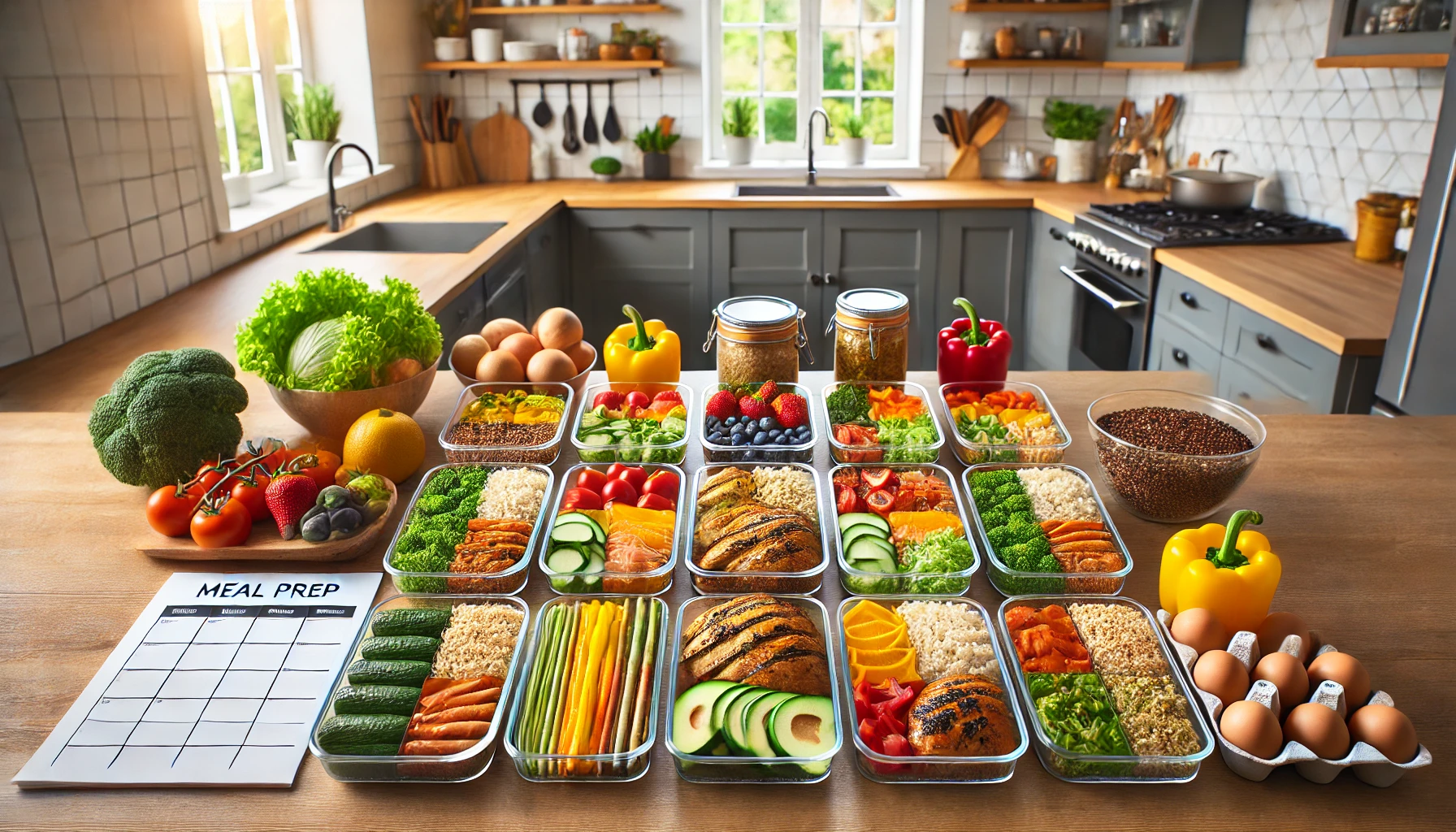 Well-organized meal prep setup with healthy meals in glass containers, featuring grilled chicken, quinoa, fresh vegetables, and fruits on a modern kitchen counter.