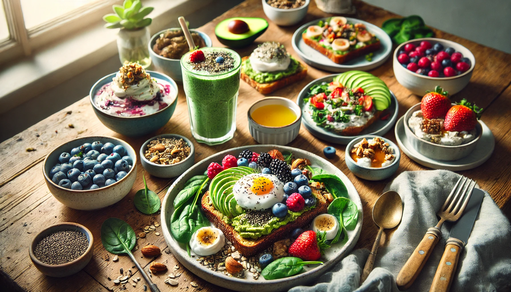 A beautifully arranged healthy breakfast spread featuring overnight oats with berries, avocado toast with a poached egg, a Greek yogurt parfait, a green smoothie, and scrambled tofu with vegetables.