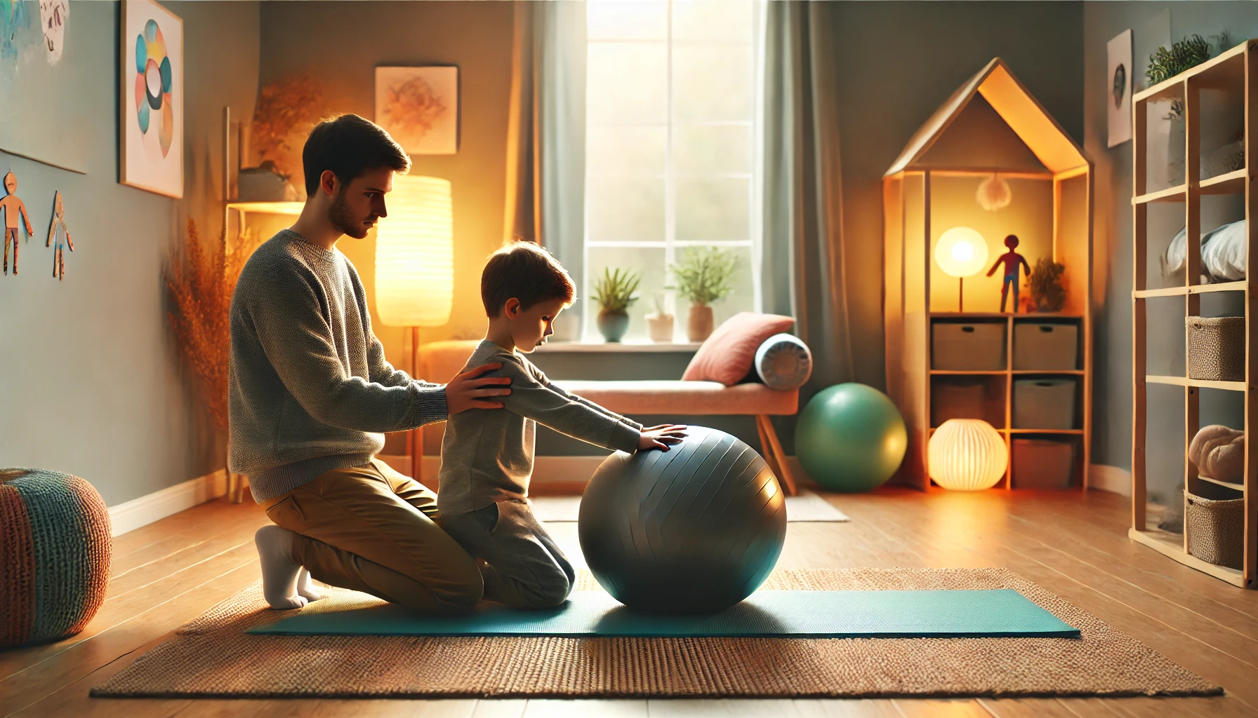 Child with autism using a yoga ball in a sensory-friendly therapy session.