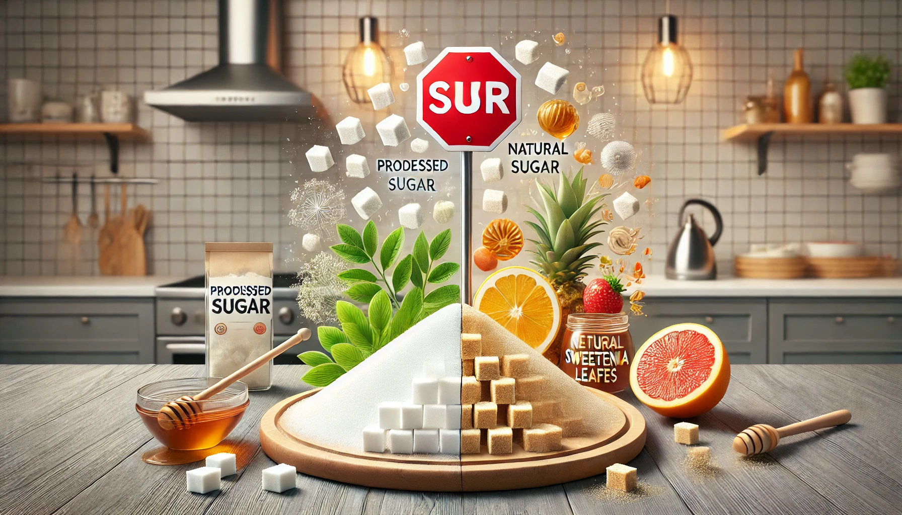 Comparison of processed sugar and natural sugar alternatives with a warning sign on refined sugar.