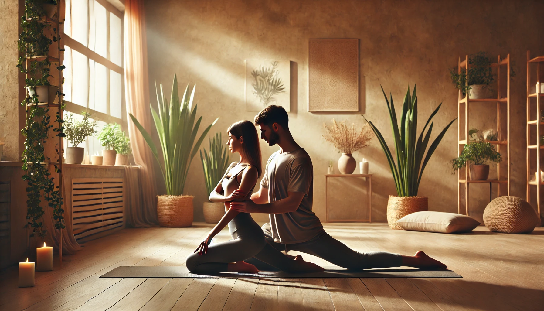 A couple practicing yoga together in a serene studio, symbolizing intimacy and connection through yoga.